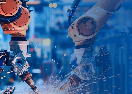 Stazione di lavoro di saldatura robotica standard con torcia di saldatura in macchinari di ingegneria e costruzione navale